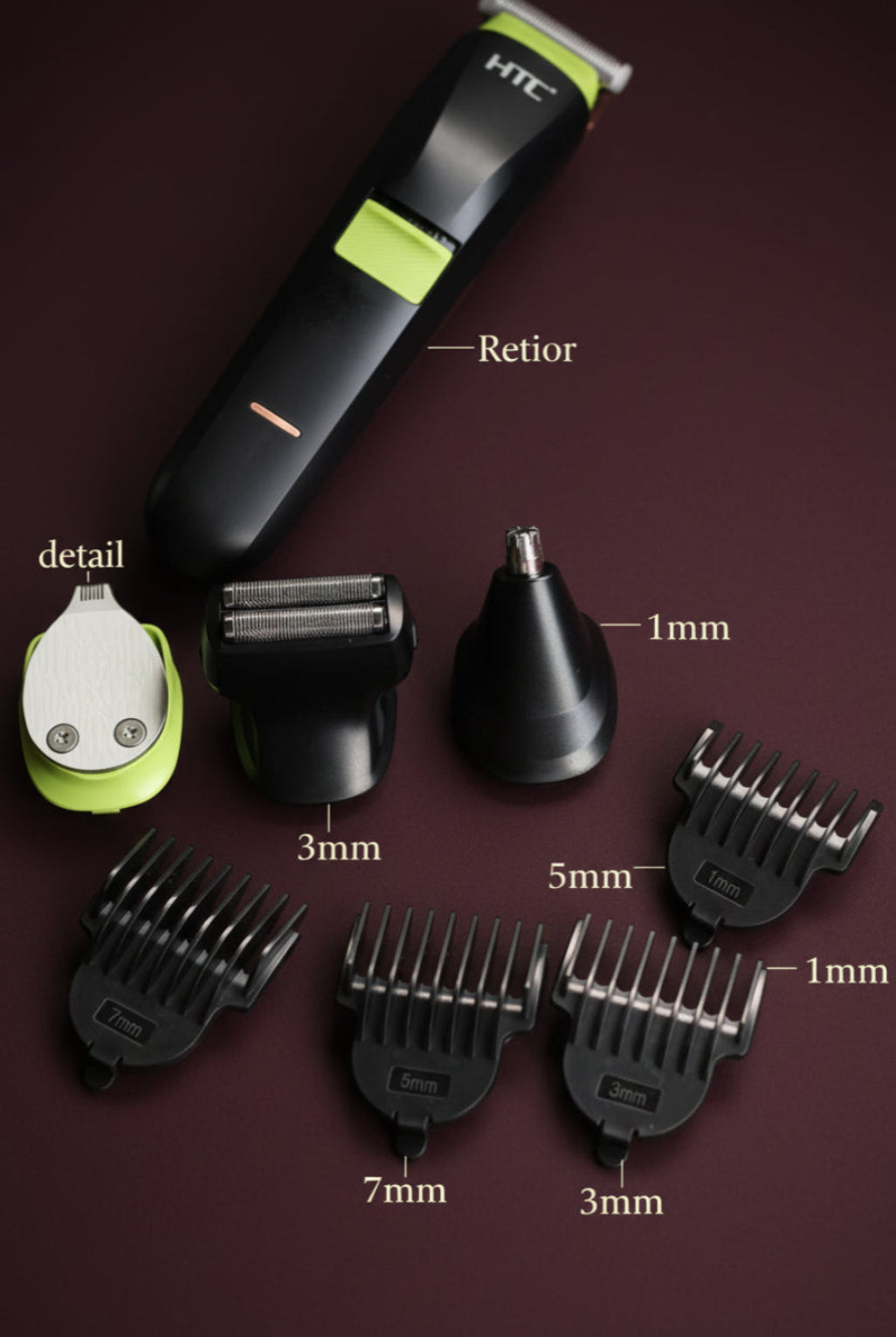 Hair trimmer set with attachments on a striped surface